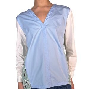 Sandro Light Blue and White V-Neck Blouse